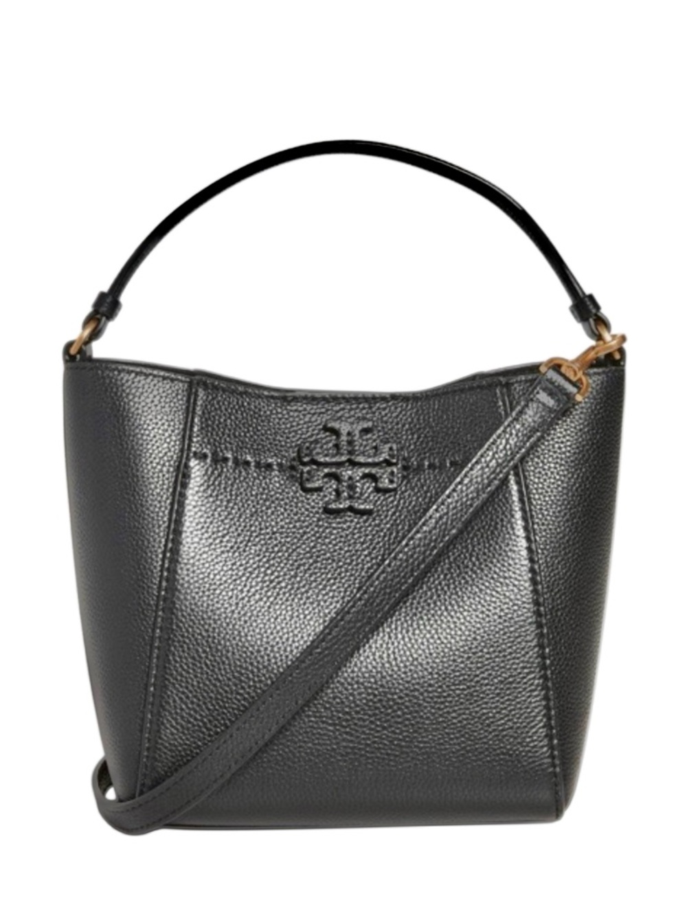 TORY BURCH McGraw Small Bucket Bag Pebble Leather Crossbody Black, EUC